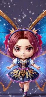 Chibi fairy with blue and gold wings on a purple background, sparkling with magic.