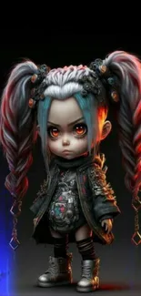 Chibi gothic doll with dark theme and braided hair.