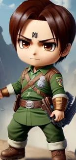 Chibi character stands confidently in scenic mountain landscape wallpaper.