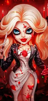 Chibi horror doll with red rose and candles.