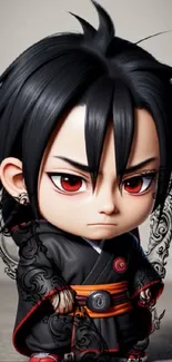 Chibi ninja character with black hair and red eyes on a detailed background.