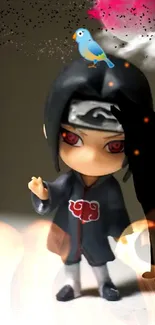 Chibi ninja with shadow and playful elements.