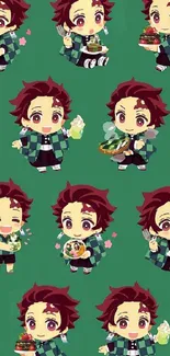 Chibi anime characters on green background wallpaper