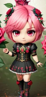 Chibi character with pink hair, surrounded by lush red roses.