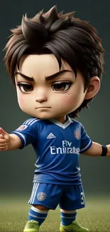 Adorable chibi soccer player in a blue jersey posing confidently.