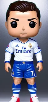 Vibrant chibi soccer star in blue and white on a mobile wallpaper.