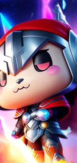 Chibi hero with cosmic background and vibrant colors.