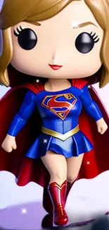 Chibi superhero figure in blue outfit and red cape mobile wallpaper.