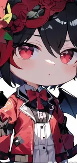 Chibi vampire anime character with red bow and floral crown.