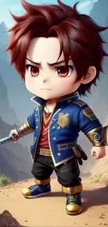 Chibi anime warrior in vibrant mountain setting.