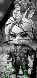 Chibi warrior in black and white art with bunny ears.