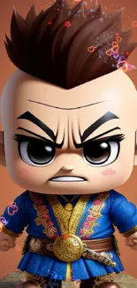 Chibi warrior cartoon character in traditional attire on terracotta background.