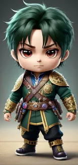 Chibi warrior with green hair and detailed costume in fantasy art style.