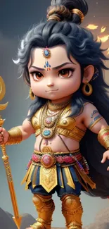 Chibi warrior in vibrant costume with a spear on rocky background.