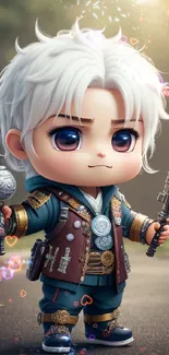 Chibi warrior in fantasy setting with detailed costume and accessories.