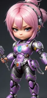 Pink-haired chibi warrior in purple armor holding a futuristic weapon.