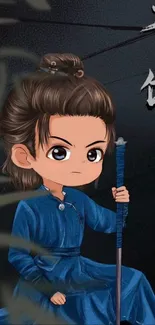 Chibi warrior in blue outfit holding a staff with detailed background.