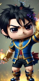 Anime chibi warrior with fire powers in a blue outfit on a vibrant wallpaper background.