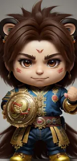 Chibi warrior with vibrant armor and fierce expression.