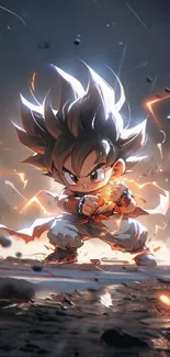 Chibi warrior surrounded by energy and lightning in dynamic pose.