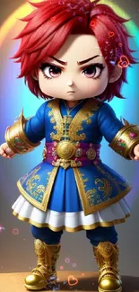 Chibi warrior in blue with colorful aura background.