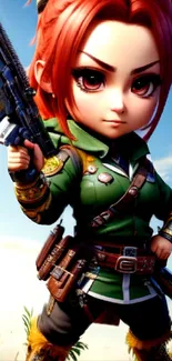 Chibi anime warrior with red hair in green outfit.