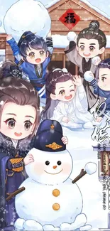 Chibi characters enjoying a snowy winter scene with snowball fight.