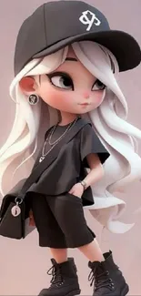 Stylish animated girl with white hair and trendy dark outfit.