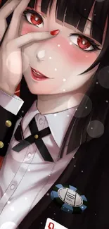 Chic anime character with red eyes in a stylish suit.