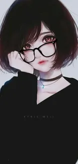 Anime girl with glasses in dark theme wallpaper.