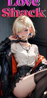 Anime girl in leather jacket, chic pose.