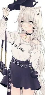 Chic anime girl with trendy outfit and accessories.