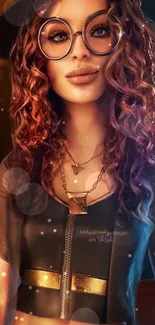 Fashionable woman with curly hair and glasses in artistic mobile wallpaper.