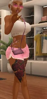 Stylish virtual avatar posing in a trendy fashion store.