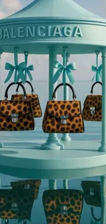 Designer handbags in turquoise carousel display with leopard prints.