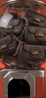 Chic handbags in a round display on a red background.