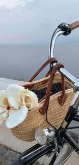 Bicycle with basket and flowers by the sea.