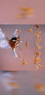 Bird flying near orange berries in vibrant wallpaper.