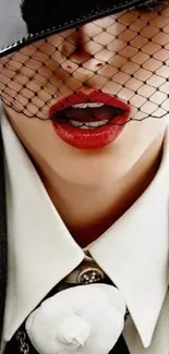 Elegant black and white art with red lips and veiled hat.