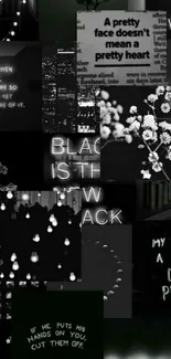 Black and white collage wallpaper with quotes, lights, and floral designs.