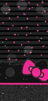 Black and pink striped wallpaper with polka dots and bow accent.