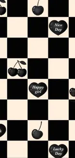 Black and beige checkered wallpaper with cherries and heart motifs.