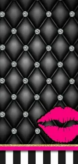 Chic black wallpaper with diamonds and pink kiss.