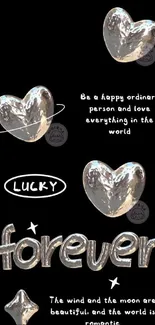 Black wallpaper with metallic hearts and positive text.