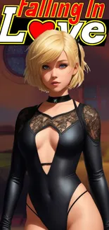 Stylish blonde anime character with a black outfit and love theme.