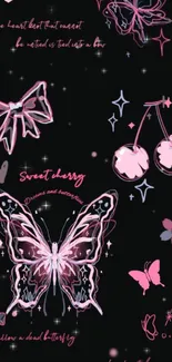 Chic mobile wallpaper with butterflies and cherries in pink on a black background.