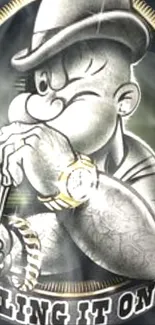 Cartoon character with gold bling accessories on a gray background.