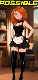 Cartoon character with orange hair in a chic black and white outfit.