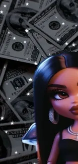 Glamorous cartoon diva with dollar backdrop.