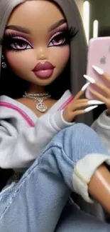 Trendy cartoon doll with smartphone wallpaper